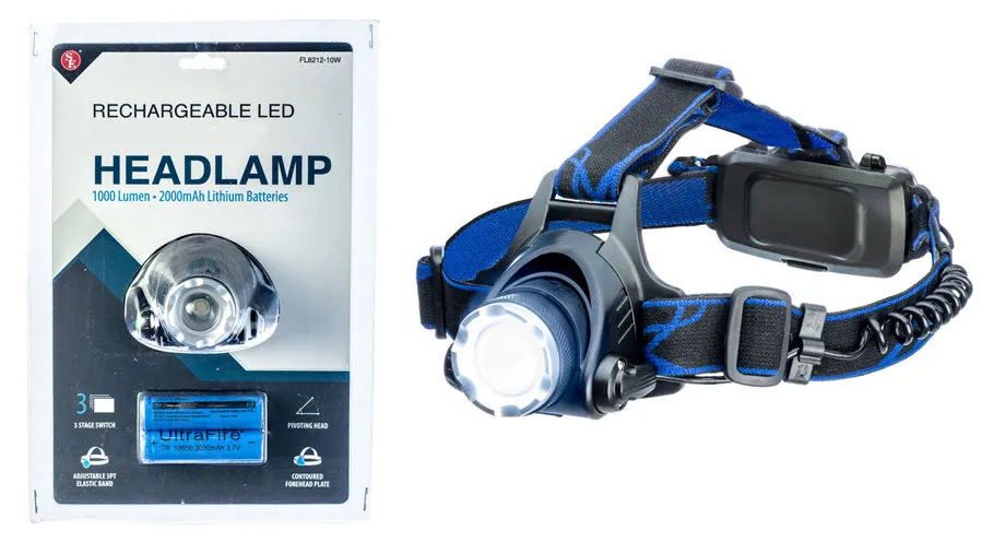 10W/1000 Lumen Adjustable Focus Rechargeable Pivoting Headlamp Lamp