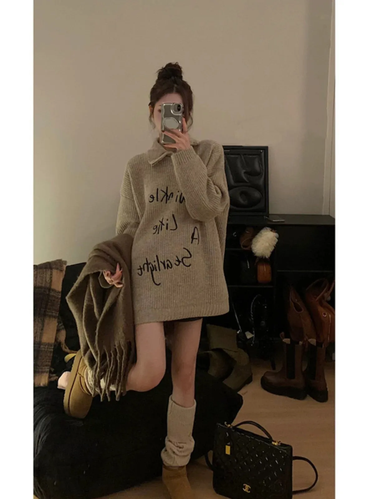 American retro lazy style lapel sweater for women 2024 autumn and winter new salt style fried street long-sleeved high-neck knit