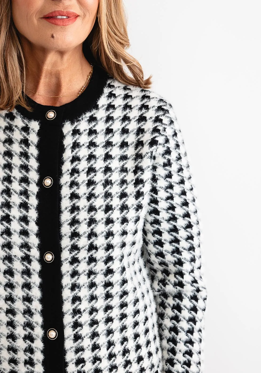 Anonymous Fluffy Knit Houndtooth Print Button Cardigan, Black