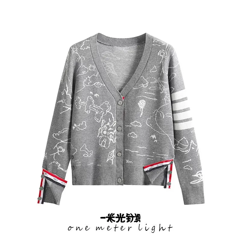 Autumn and winter new European and American style four-stripe webbing cartoon jacquard v-neck casual knitted cardigan sweater ja