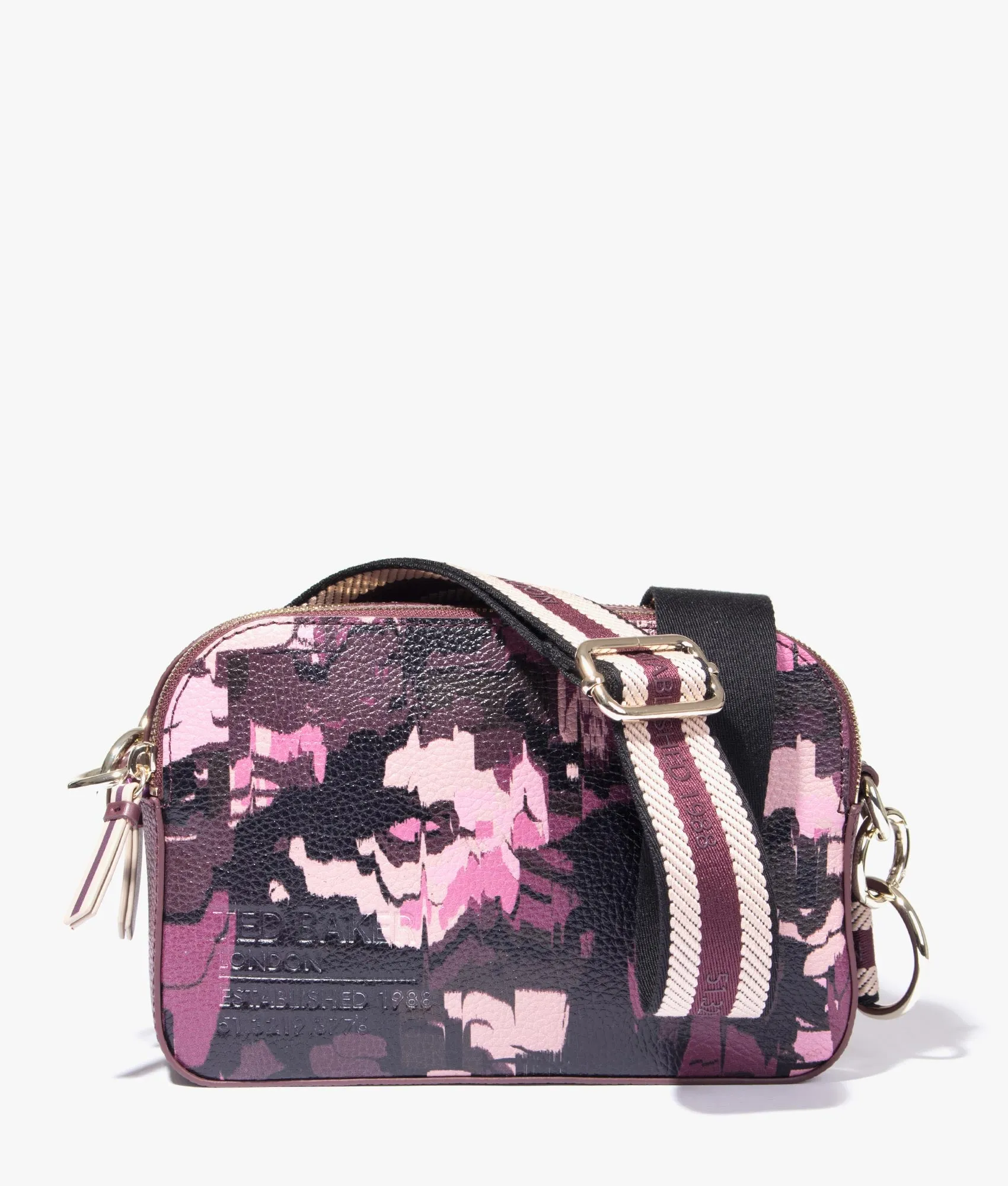 Beatti camo print camera bag in oxblood