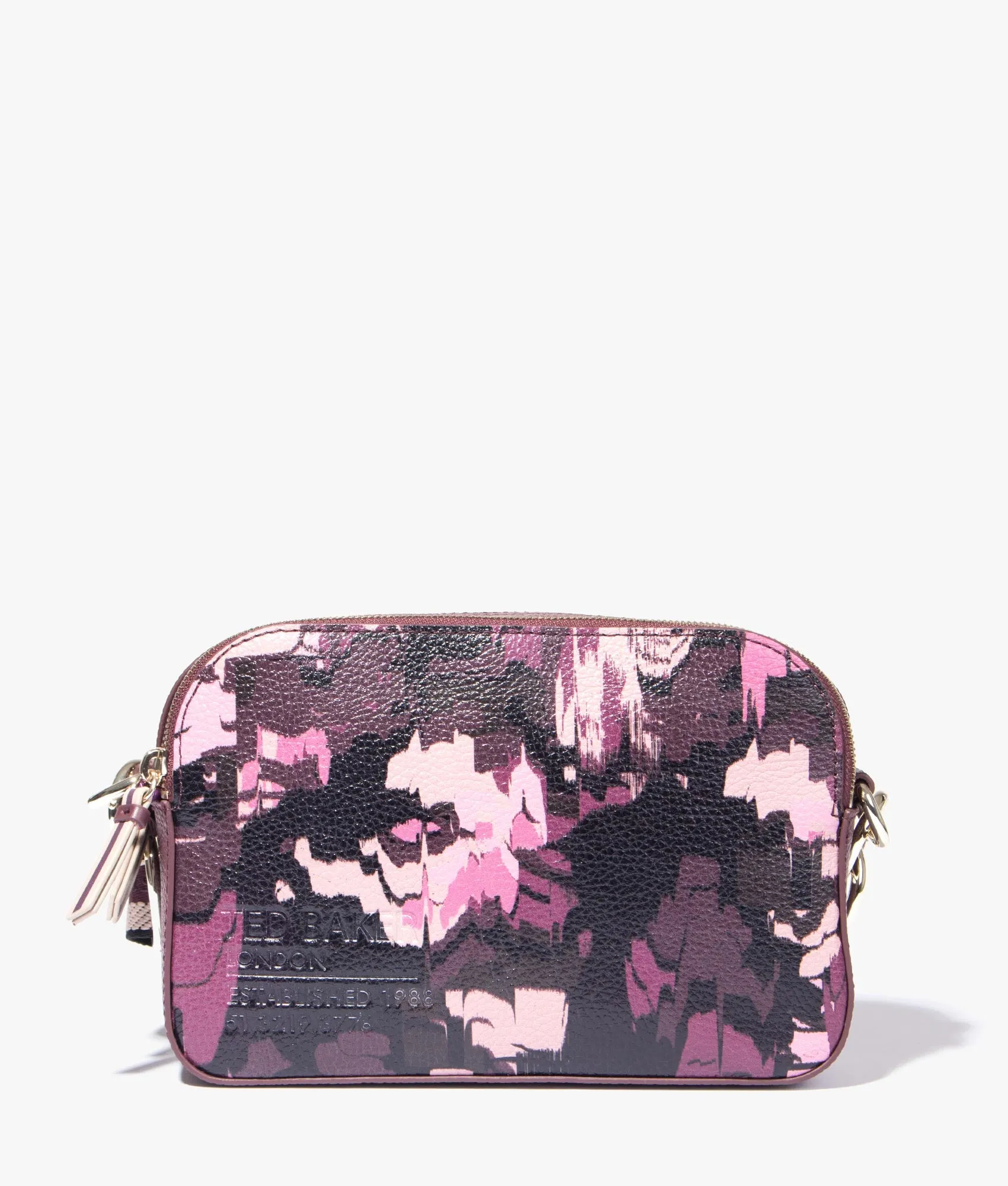 Beatti camo print camera bag in oxblood