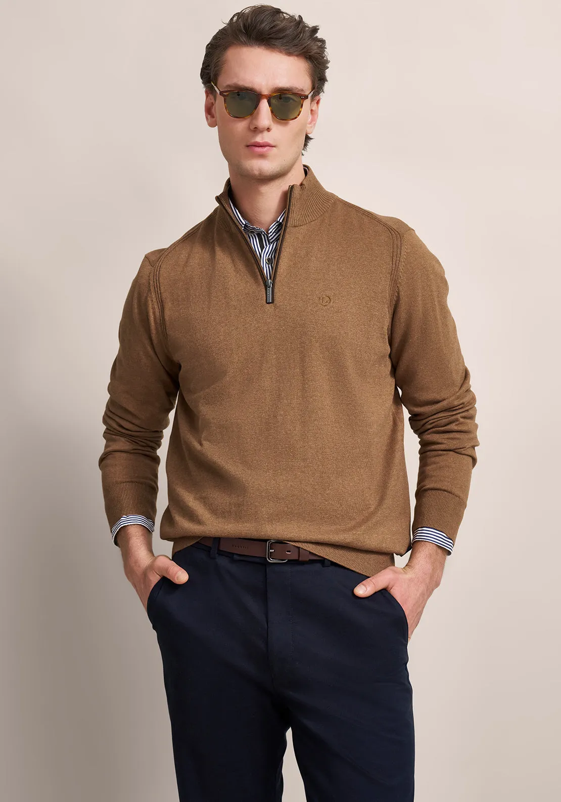 Bugatti Troyer Quarter Zip Knit Sweater, Tan