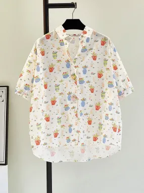 Cartoon vase print tops 2024 summer new short-sleeved ladies cardigan shirt doll collar age-reducing shirt