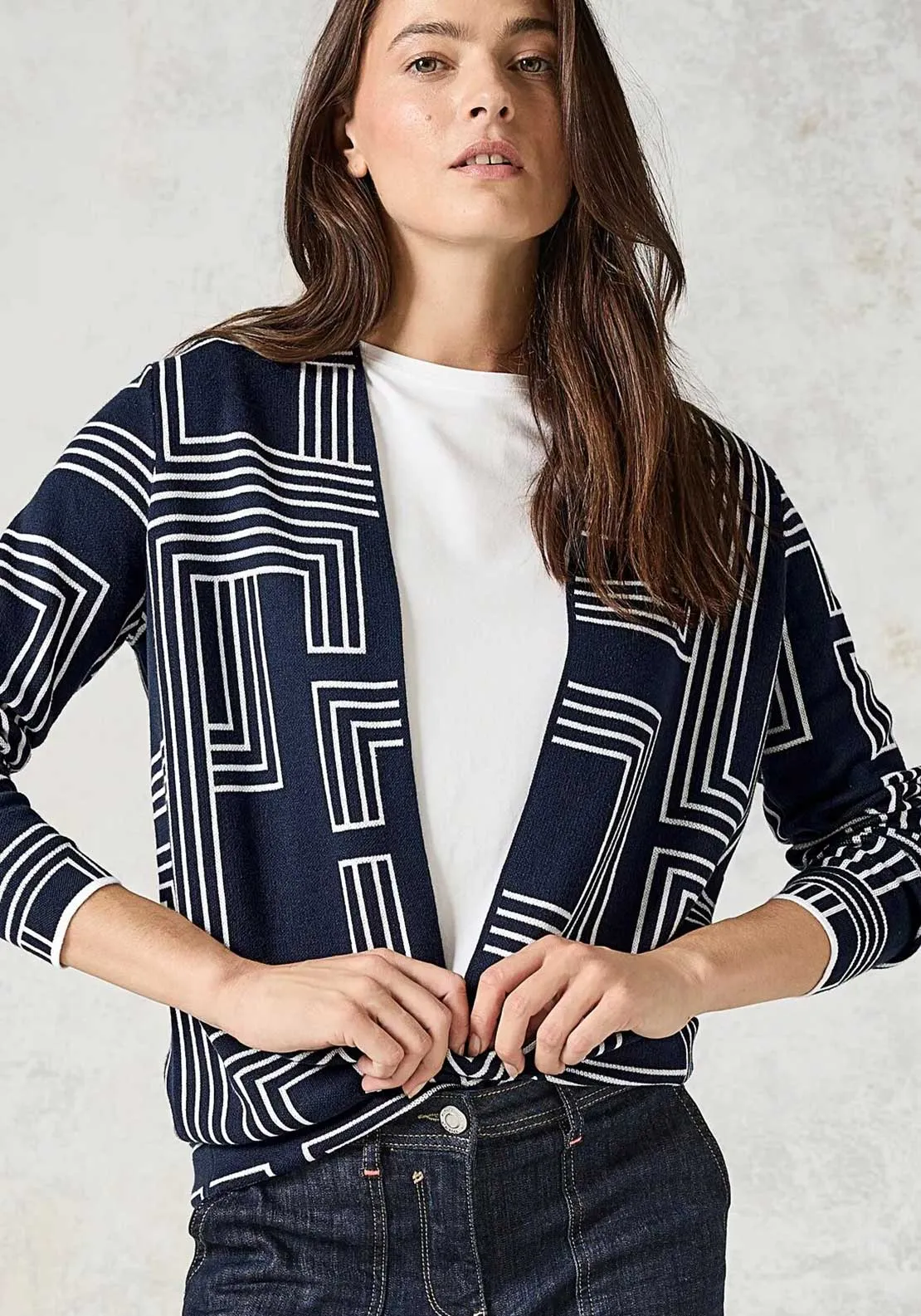 Cecil Geometric Print Open Front Cardigan, Navy