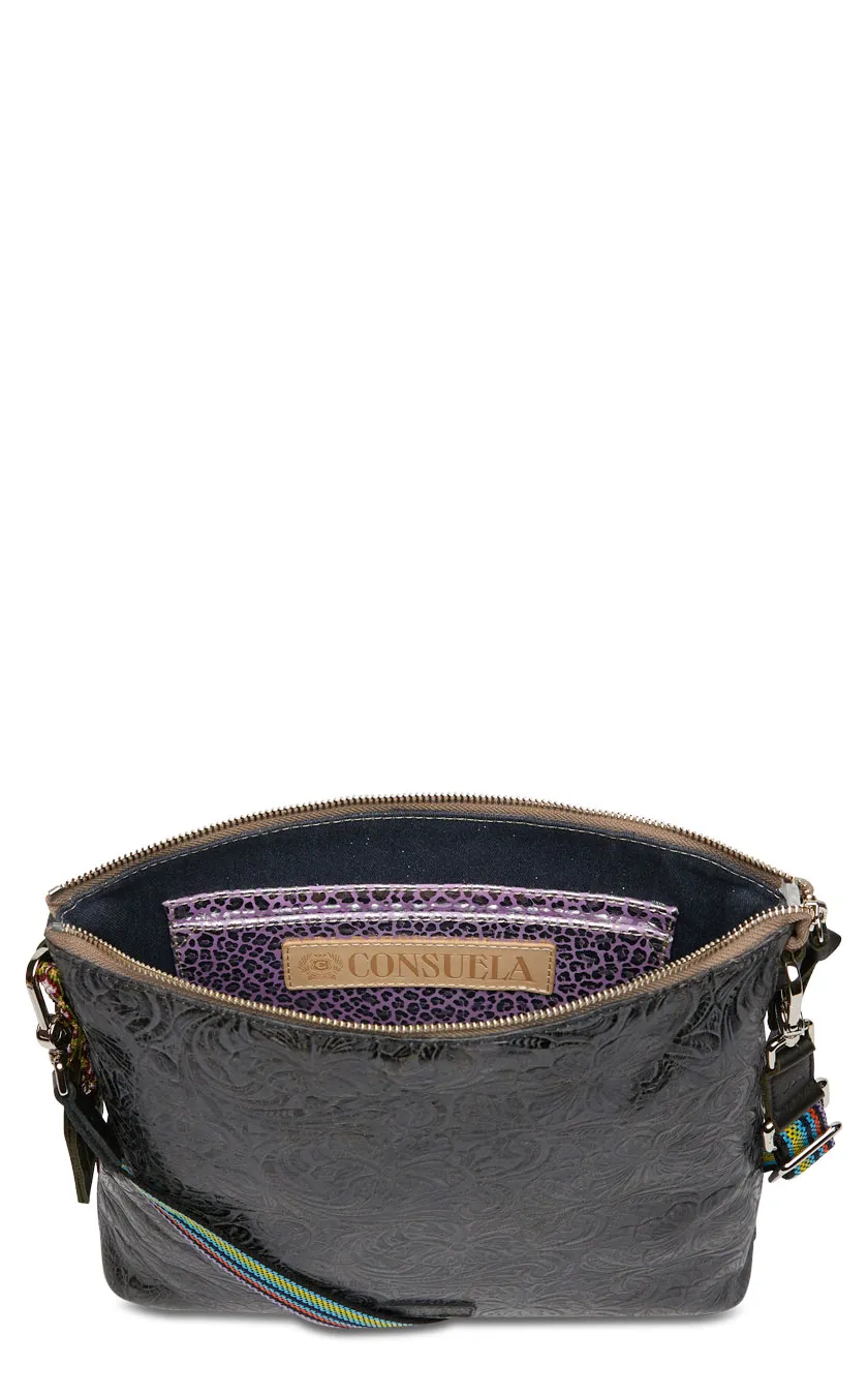 Consuela Steely Charcoal Floral Tooled Leather Downtown Crossbody Bag