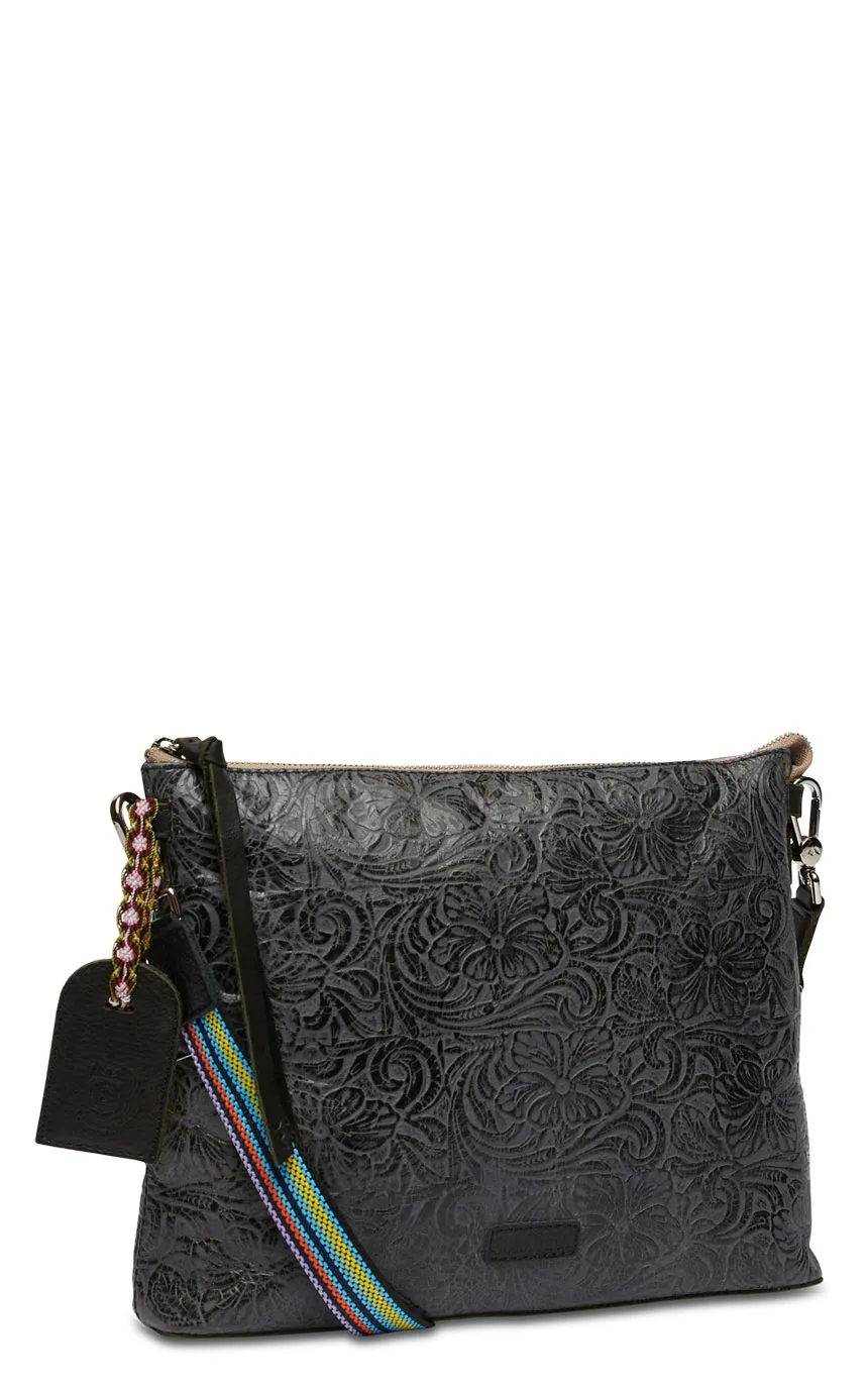 Consuela Steely Charcoal Floral Tooled Leather Downtown Crossbody Bag