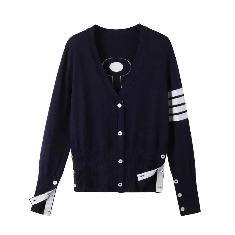 Early autumn new style t anchor knitted cardigan V-neck classic four-stripe three-color webbing navy style same style for men an