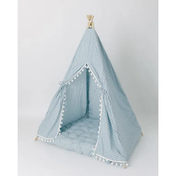 E&E Savannah Play Tent, Blue Ditsy/White Pom