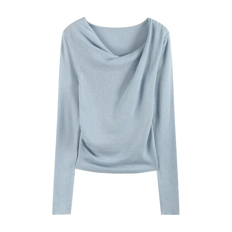 EGGKA swing collar slim fit sweater for women 2024 commuting design fashion niche chic slim long-sleeved top