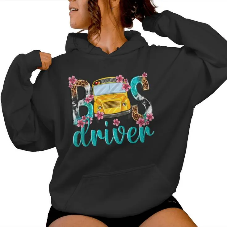 Floral Leopard Bus Driver School Bus Back To School 2023 Women Hoodie