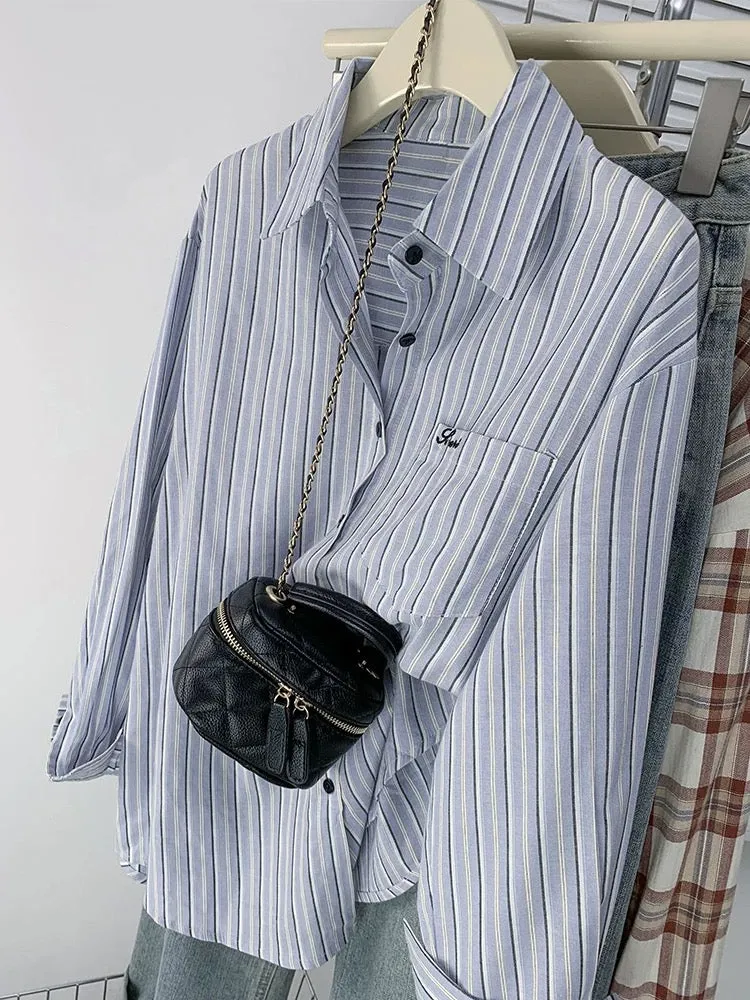 French blue striped long-sleeved shirt for women, chic casual lazy cardigan shirt, spring and autumn design niche top