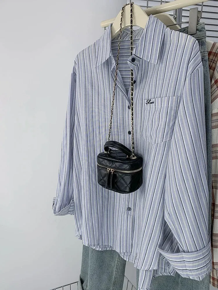 French blue striped long-sleeved shirt for women, chic casual lazy cardigan shirt, spring and autumn design niche top