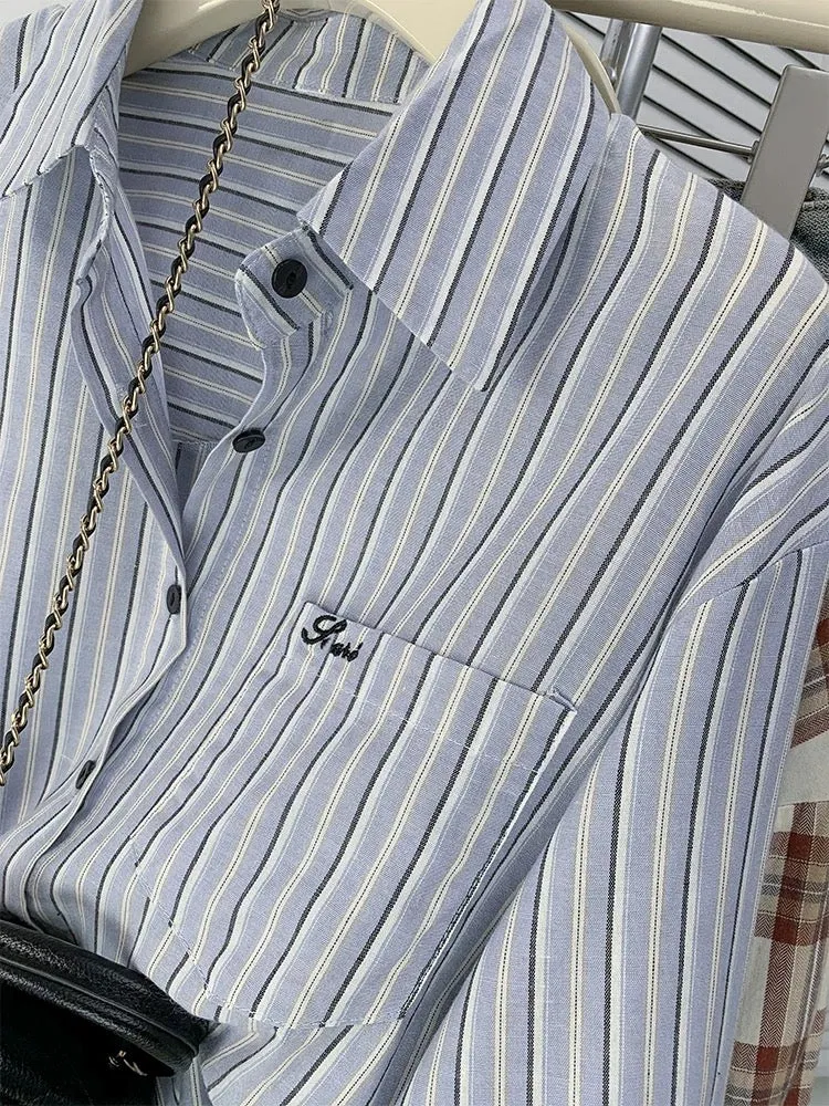 French blue striped long-sleeved shirt for women, chic casual lazy cardigan shirt, spring and autumn design niche top