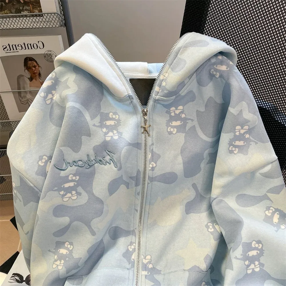 High-end and beautiful sweet and cool camouflage Hello Kitty sweater for men and women in spring and autumn Hong Kong style Amer