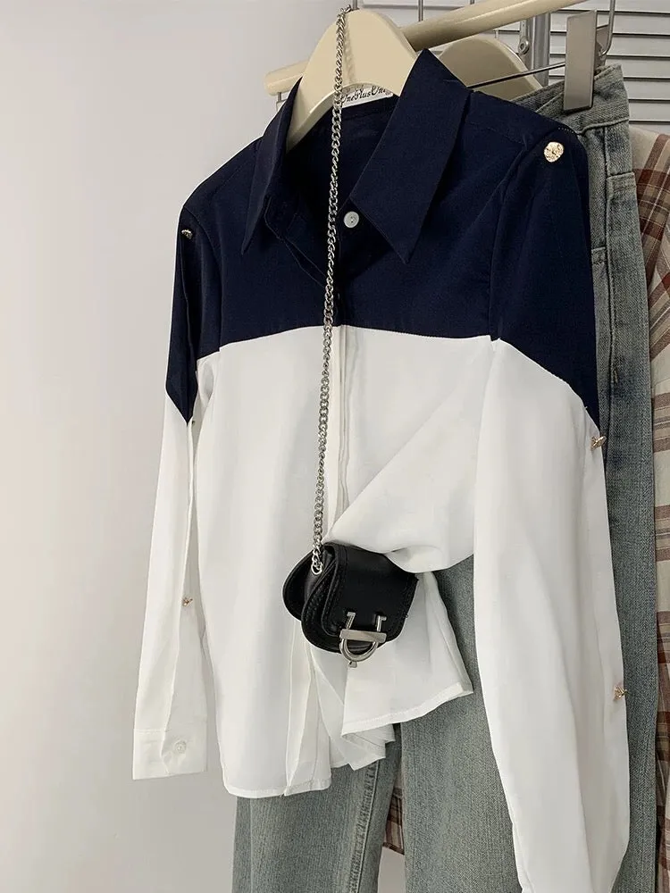 High-end contrast color POLO collar shirt for women French loose style chiffon long-sleeved top spring and autumn cardigan jacke