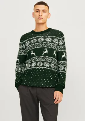 Jack & Jones Christmas Gabriel Knit Crew Neck Sweater, Forest Green