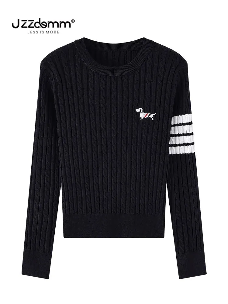 Jiuzhou Eslite/JZZDEMM puppy embroidered twist sweater for women Korean style striped slim knitted pullover bottoming shirt