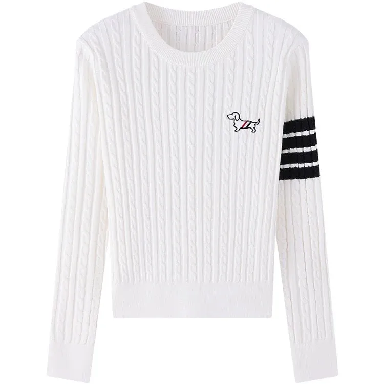 Jiuzhou Eslite/JZZDEMM puppy embroidered twist sweater for women Korean style striped slim knitted pullover bottoming shirt