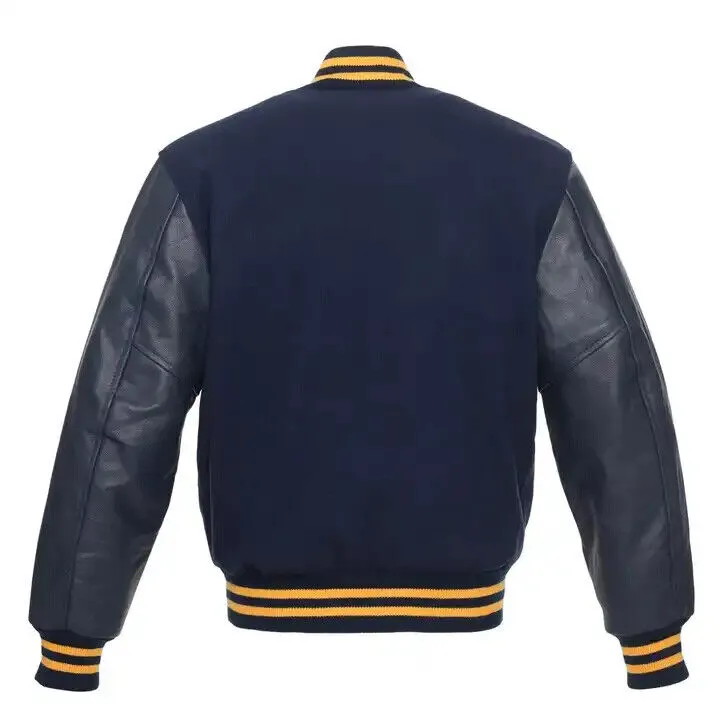 Letterman Baseball Bomber Varsity Jacket Navy Wool Body & Leather Sleeves Jacket