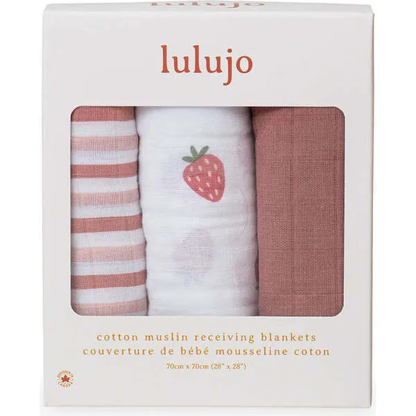 Lulujo Receiving Blanket, Strawberries (Pack of 3)