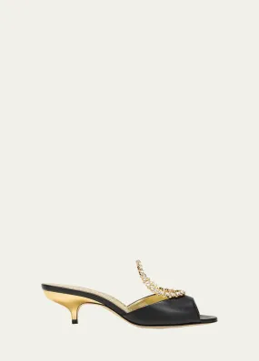 Manolo Blahnik Astria Leather Crystal Ring Mule Sandals