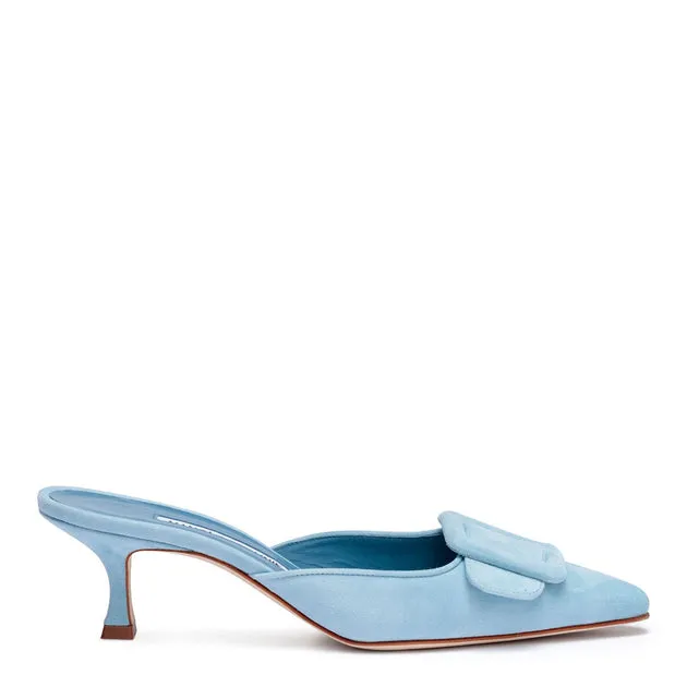 Manolo Blahnik Maysale 50 light blue suede mules