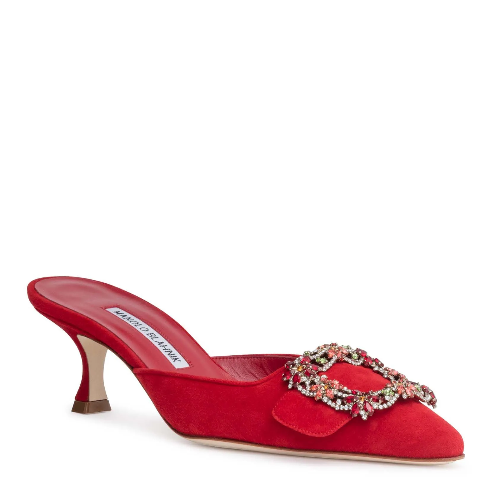 Manolo Blahnik Maysale 50 red suede crystal mules