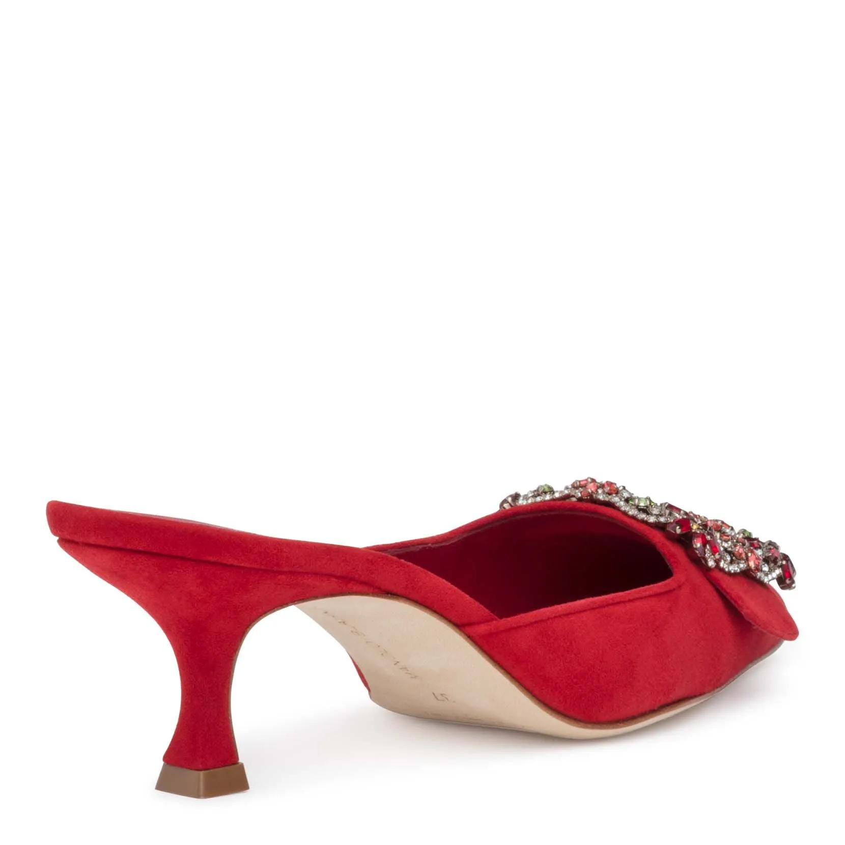 Manolo Blahnik Maysale 50 red suede crystal mules