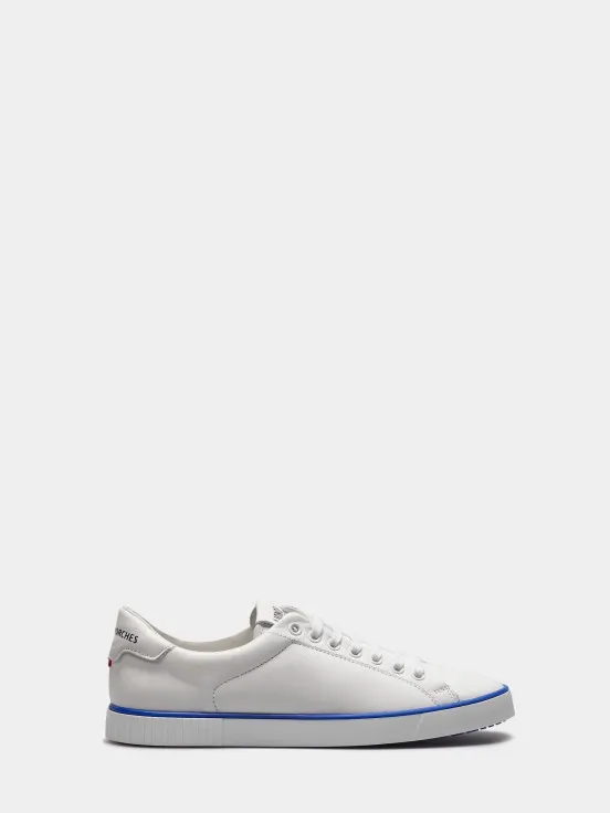 Man's white leather trainers with branding on the sole