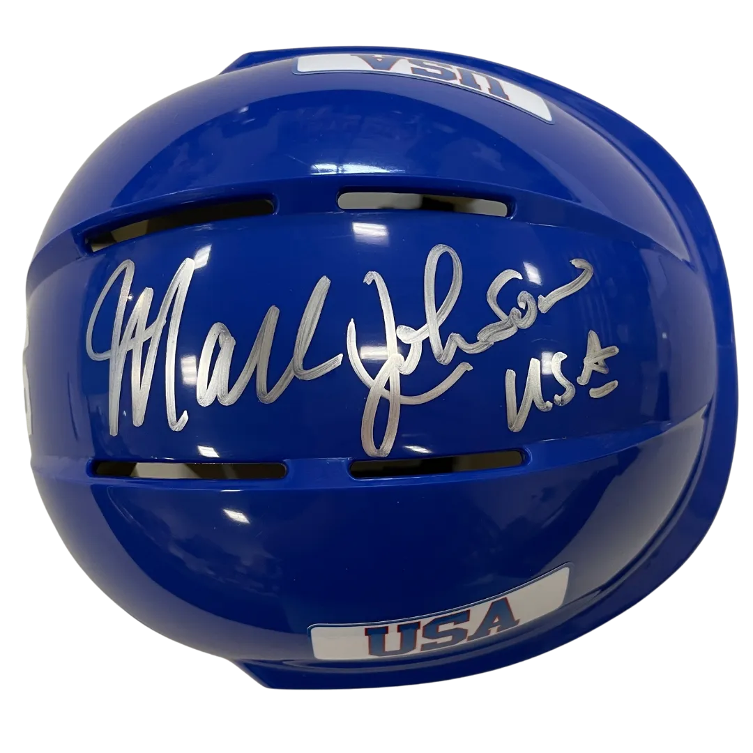 Mark Johnson Autographed Royal Blue Mini Helmet USA (Standard Number)