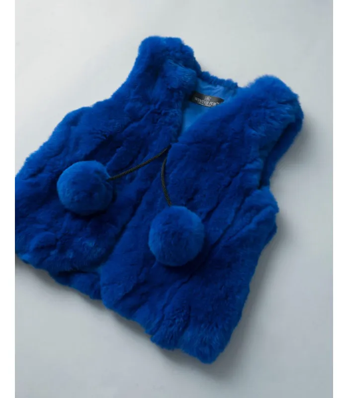 Mini Adelyn Rabbit Fur Vest with Pom Poms in Blue for Kids: FurHatWorld.com