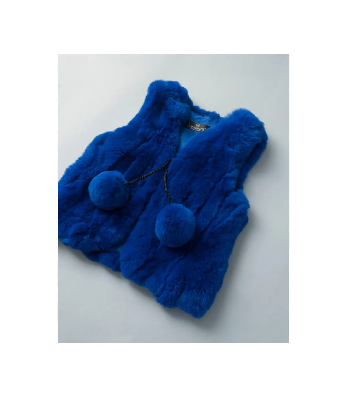 Mini Adelyn Rabbit Fur Vest with Pom Poms in Blue for Kids: FurHatWorld.com