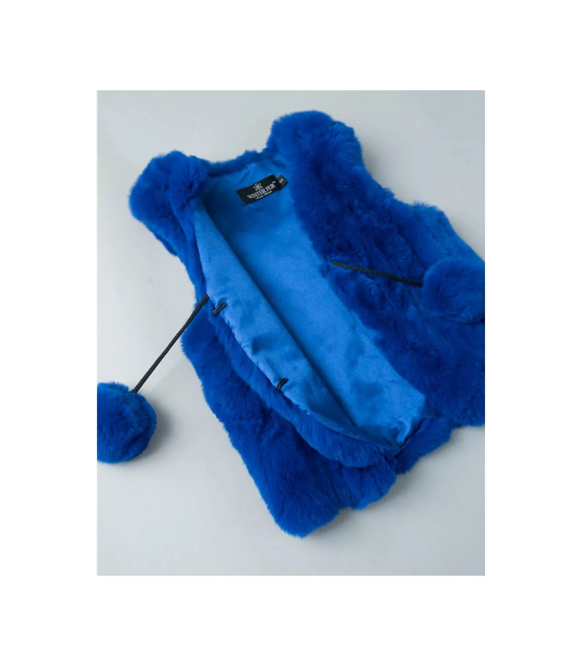 Mini Adelyn Rabbit Fur Vest with Pom Poms in Blue for Kids: FurHatWorld.com