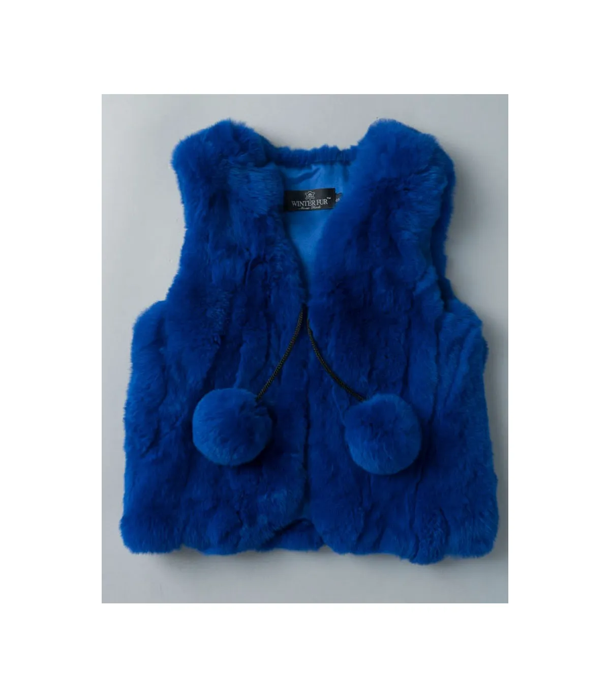 Mini Adelyn Rabbit Fur Vest with Pom Poms in Blue for Kids: FurHatWorld.com