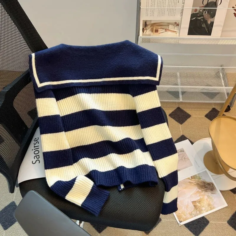 Nancy Cici’s reserved style recommendation~Navy neck tie sweater women’s loose retro striped knitted cardigan winter