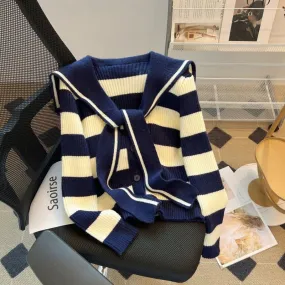 Nancy Cici’s reserved style recommendation~Navy neck tie sweater women’s loose retro striped knitted cardigan winter