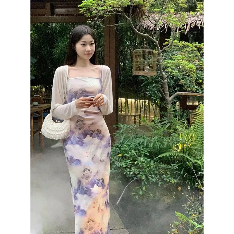 New Chinese style retro EIA Yiyao [Mountain Stream Fu] ink printed suspender dress women's summer cardigan two-piece set