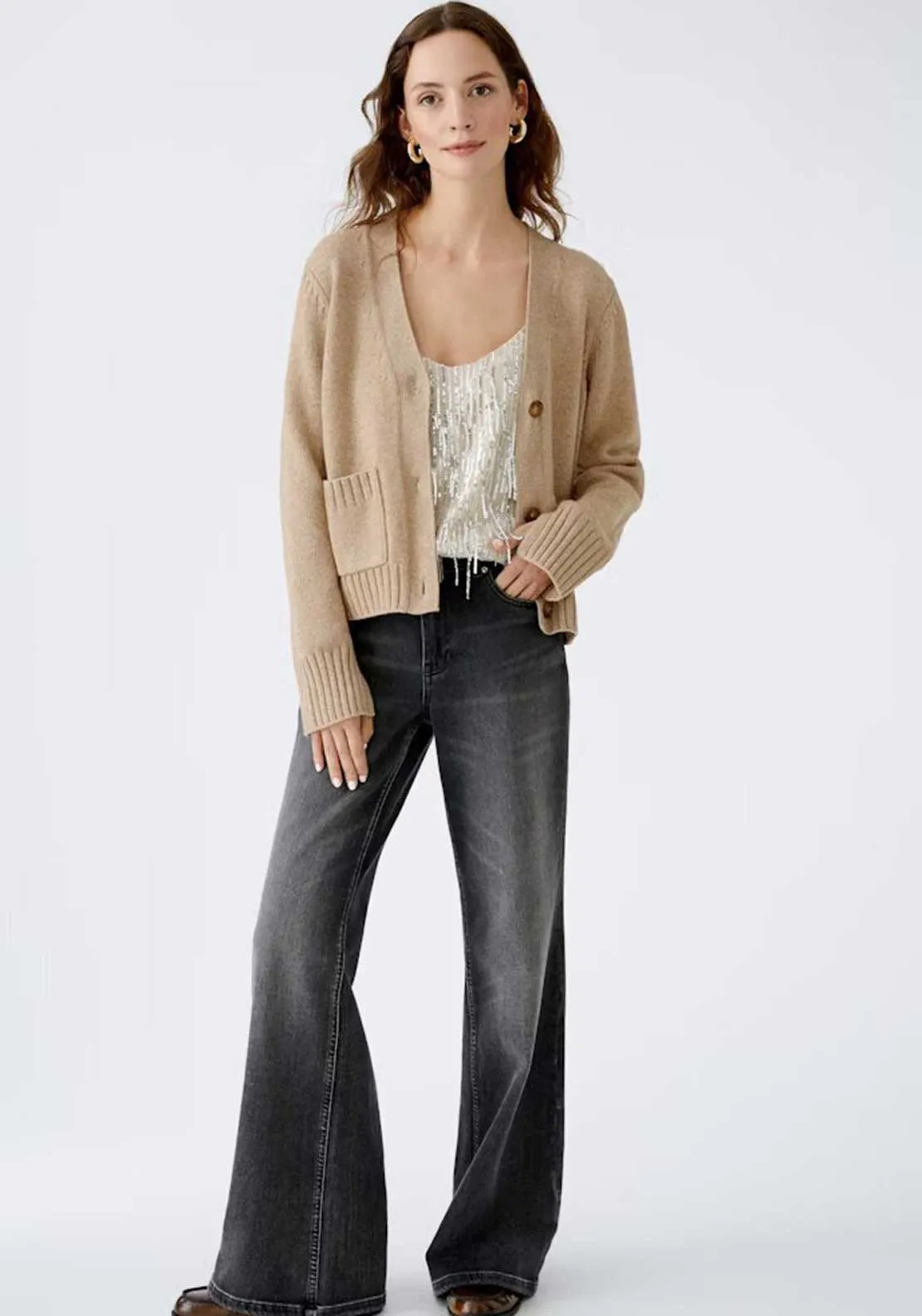 Oui Knitted Button Up Cardigan, Beige