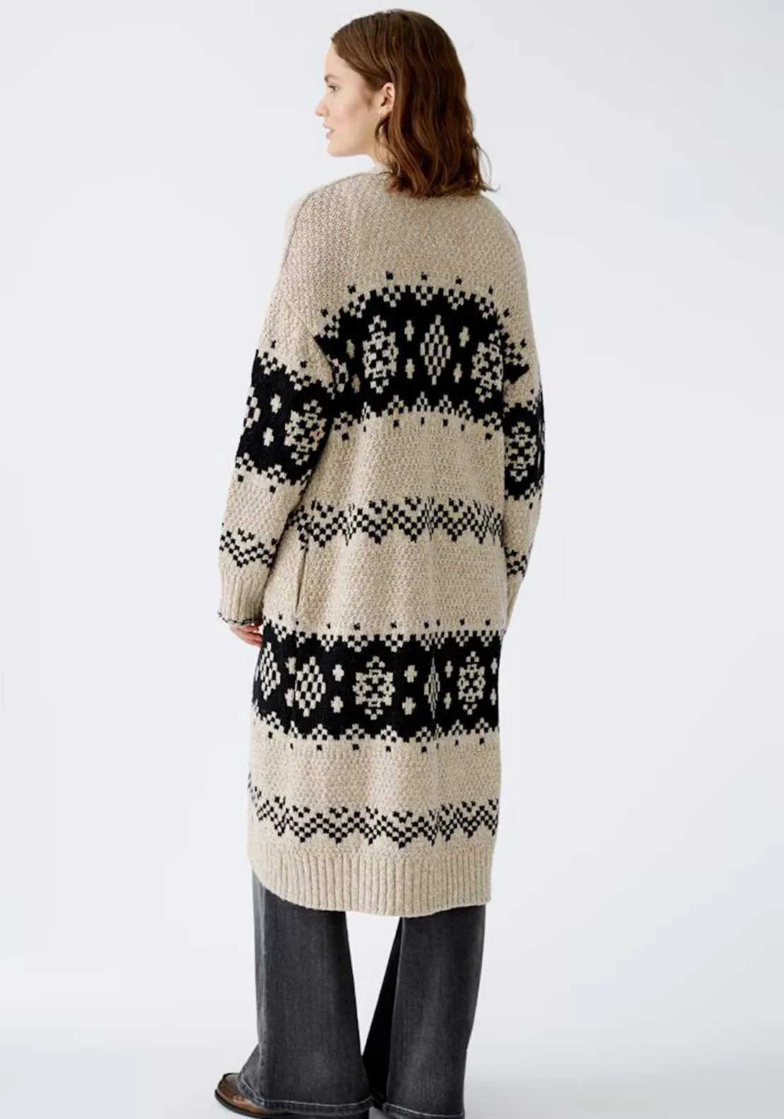 Oui Wool Coton Blend Knit Long Cardigan, Beige