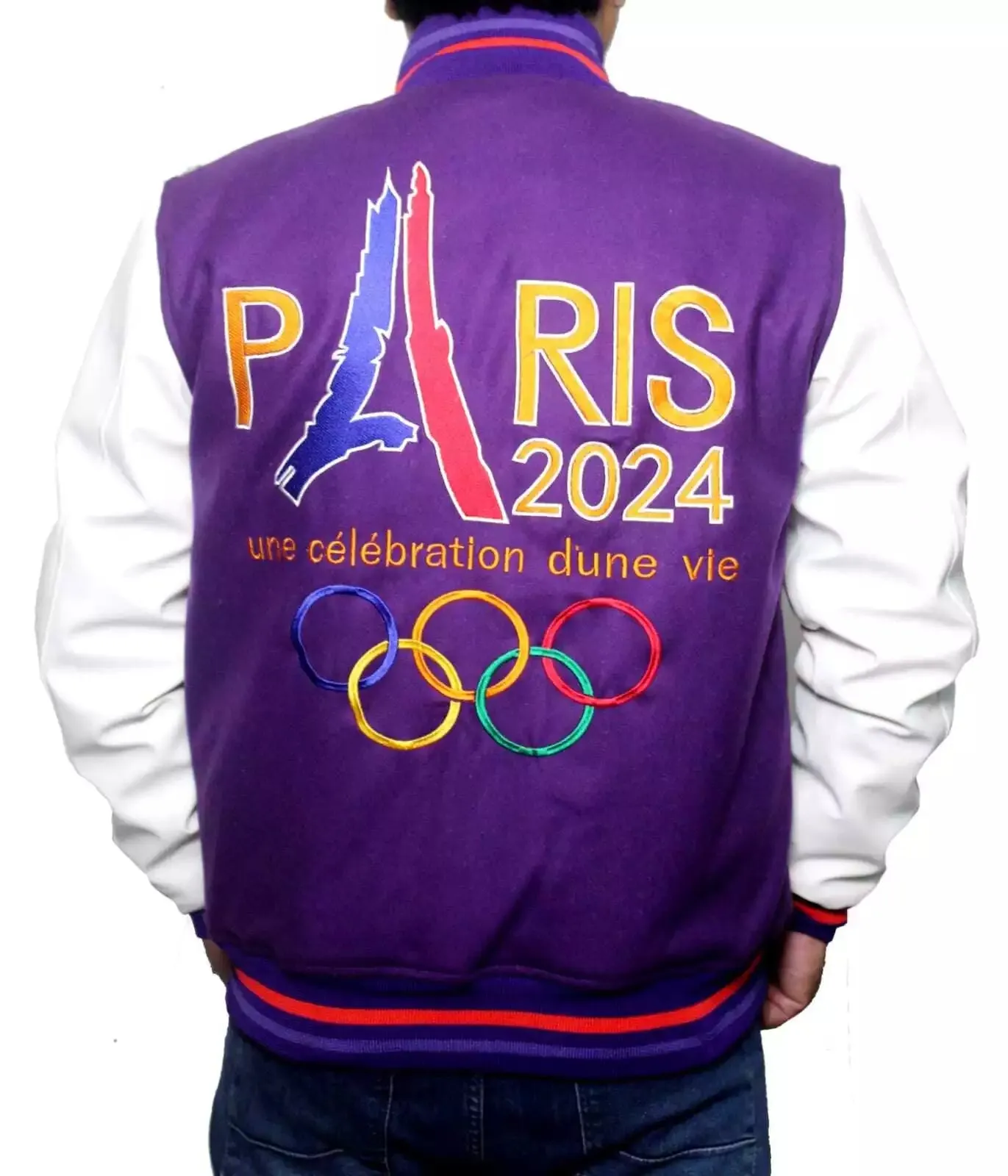 Paris Games 2024 Olympics Baseball Purple Wool & White Leather Varsity Jacket