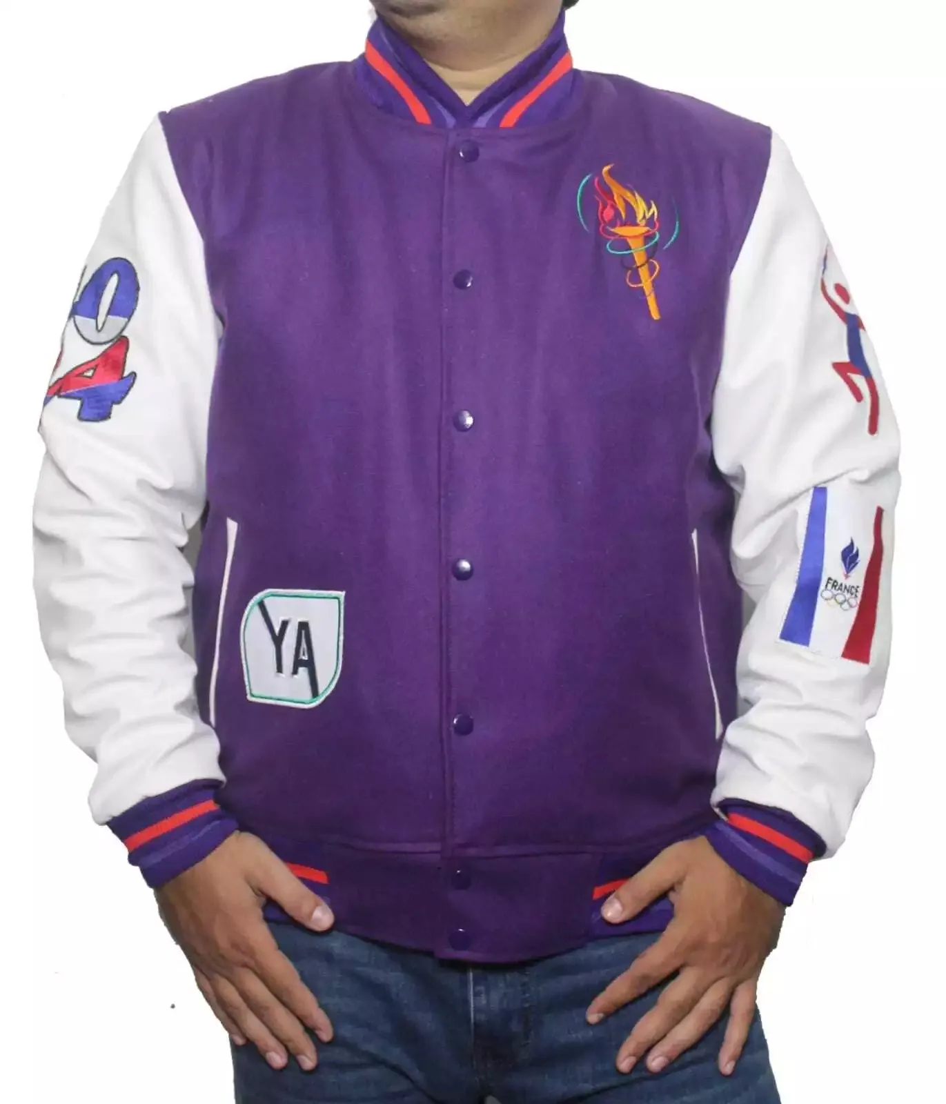 Paris Games 2024 Olympics Baseball Purple Wool & White Leather Varsity Jacket