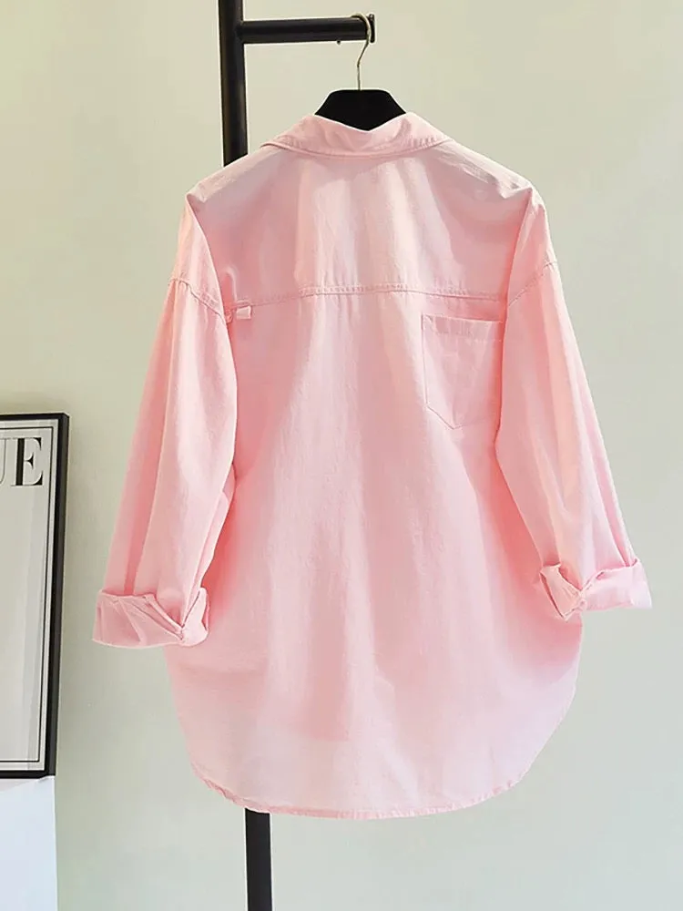 Pink back pocket mid-length shirt for women 2023 spring and summer new candy color casual cotton shirt cardigan tops