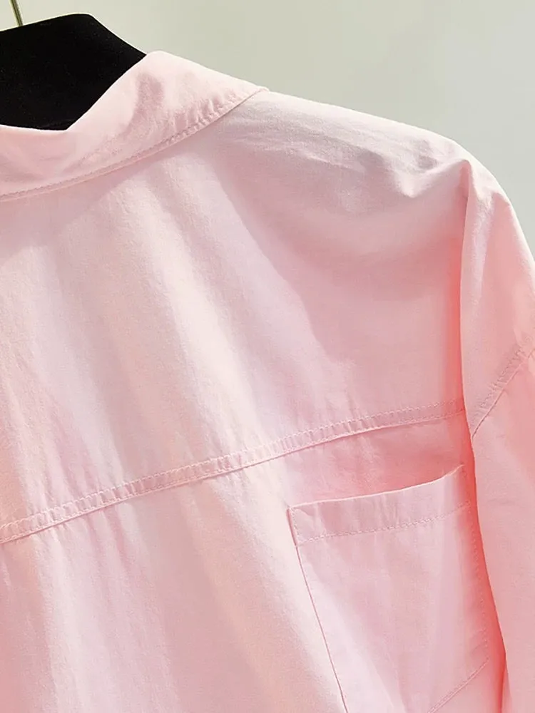 Pink back pocket mid-length shirt for women 2023 spring and summer new candy color casual cotton shirt cardigan tops