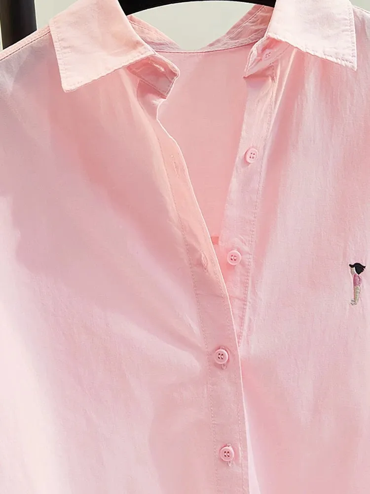 Pink back pocket mid-length shirt for women 2023 spring and summer new candy color casual cotton shirt cardigan tops