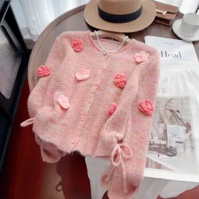 Recommended by Nancy Cici for her own use~Early autumn sweet three-dimensional flower drawstring short knitted cardigan sweater 