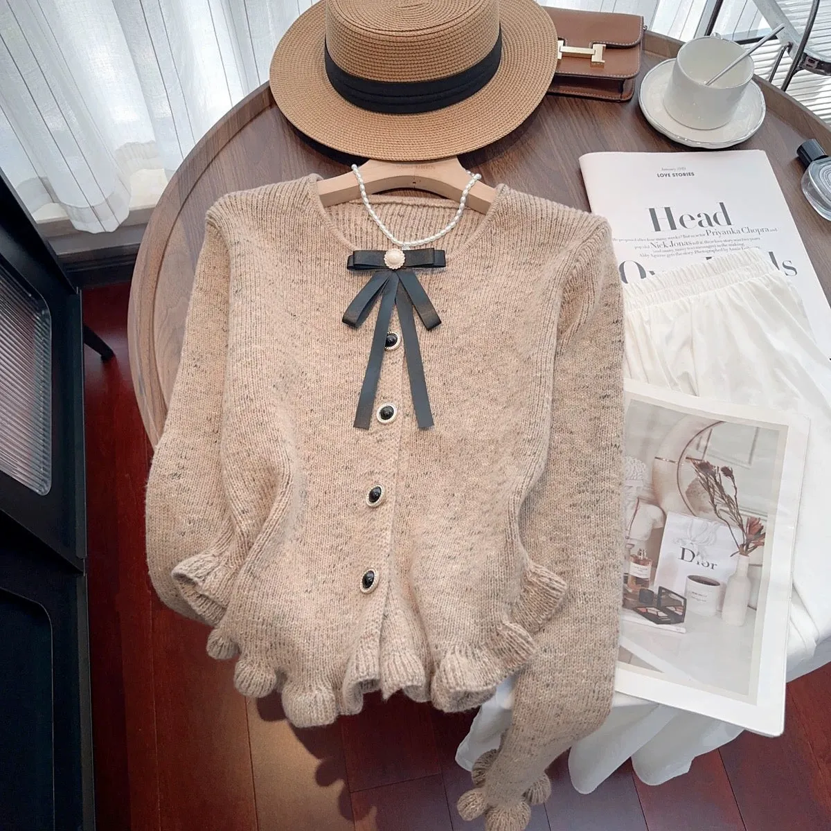 Recommended by Nancy Cici for her own use~Small fragrant bow with fungus edge knitted cardigan sweater jacket for women in autum