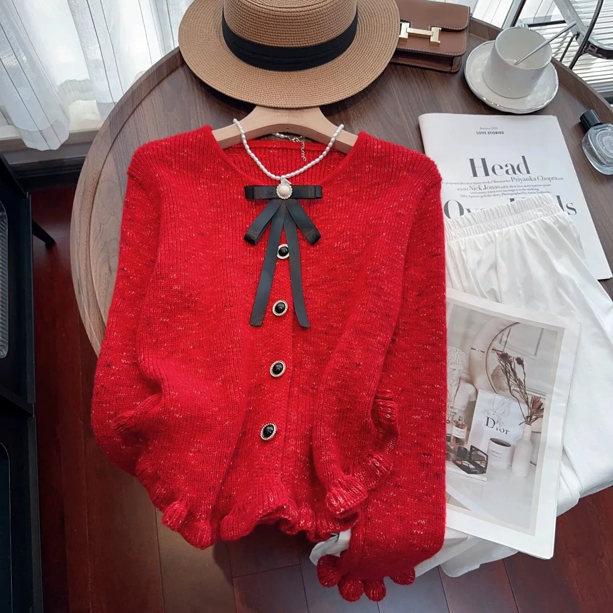 Recommended by Nancy Cici for her own use~Small fragrant bow with fungus edge knitted cardigan sweater jacket for women in autum