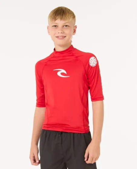 Rip Curl Brand Wave UPF Boys Short Sleeve Rash Vest - Red