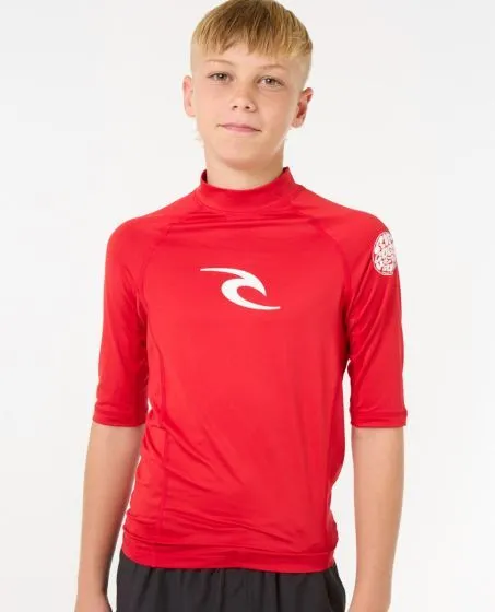 Rip Curl Brand Wave UPF Boys Short Sleeve Rash Vest - Red